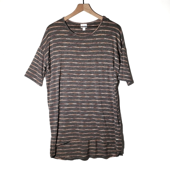 Lularoe Striped Irma Short Sleeve Tunic Tee Shirt XS Grey Brown Top - Picture 1 of 5